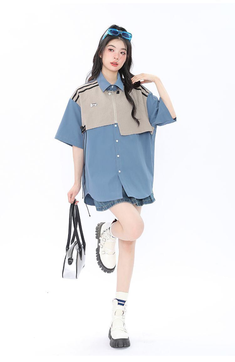 期間限定 ファッション 個性派 レイヤード風 切り替え プリント全3色 男女兼用 半袖TシャツF-9044