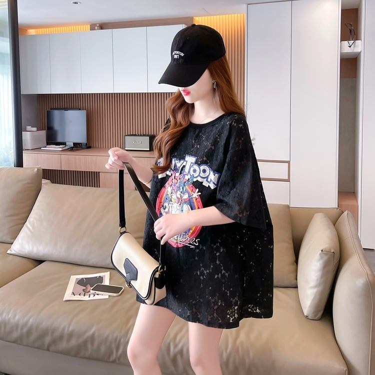 ハイエンドデザインセンスレース中空ルーズミドル丈半袖Tシャツ<F-3035>