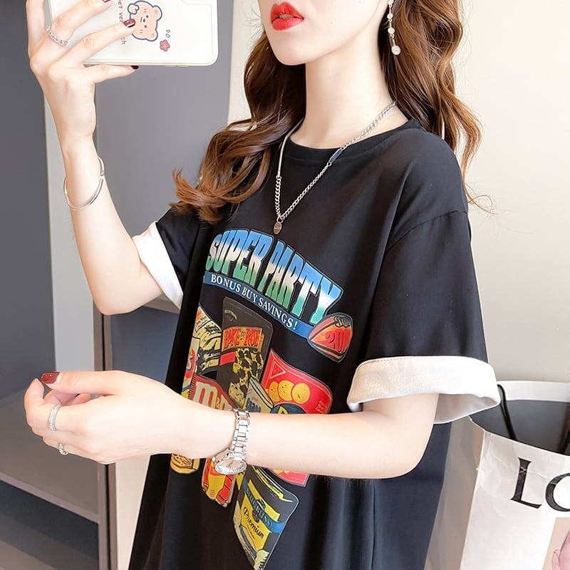 スタイリッシュ プリント 一目惚れ Tシャツ カットソー ワンピース＜F-3575＞