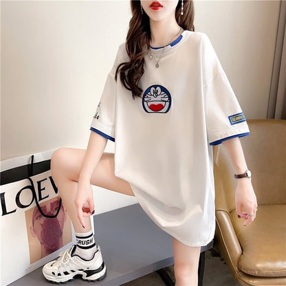 韓国系 ドロップショルダー 刺? レイヤードTシャツ ゆったり半袖 ＜F-3053＞
