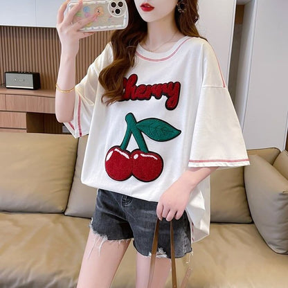 おすすめ新作 Tシャツ チェリー刺 ゆったり半袖＜F-2971＞