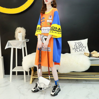 【半額！期間限定！！】超人気 個性派 絶対流行 アバンギャルド プリント 切り替え ゆったり ワンピース<F-8531>
