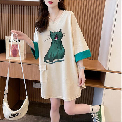 ユニークなデザイン気質のカラーブロック半袖Tシャツ<F-2900>