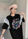 おすすめ レース ファッション 切り替え プリント Tシャツ カットソー ワンピース＜F-8535＞