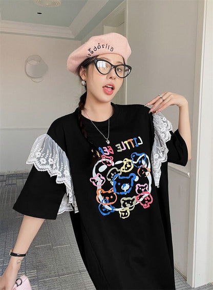 おすすめ レース ファッション 切り替え プリント Tシャツ カットソー ワンピース＜F-8535＞