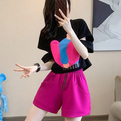 着回し力抜群 上質 好感度UP プリント 半袖Ｔシャツ ショートパンツ セットアップ F-8859