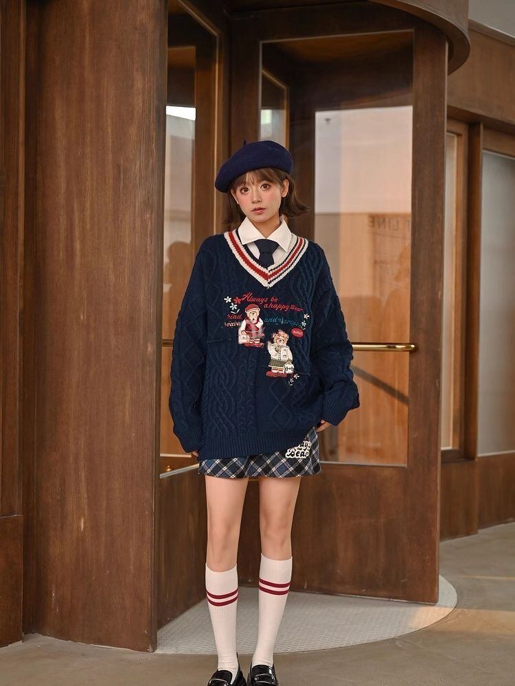 超人気 気質アップ 絶対欲しい Vネック 刺繍 切り替え2色選択 ニットトップスF-9577