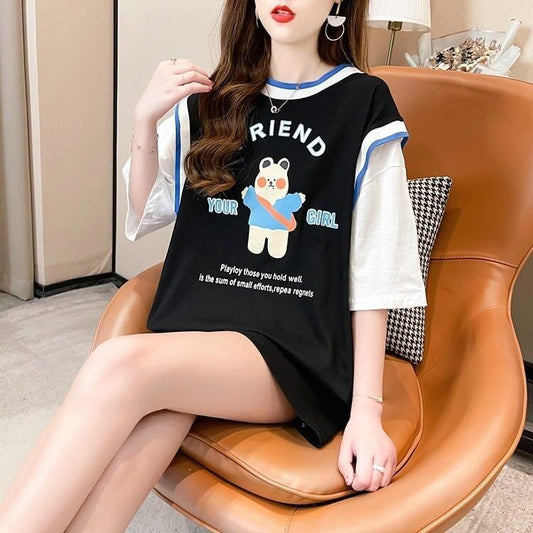 デザインセンス漫画フェイクツーピース半袖Tシャツ<F-3037>
