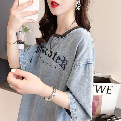 人気商品再入荷 アバンギャルド 着回し力抜群 ルーズ デニム 半袖TシャツF-8804