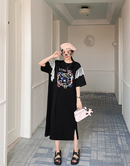 おすすめ レース ファッション 切り替え プリント Tシャツ カットソー ワンピース＜F-8535＞