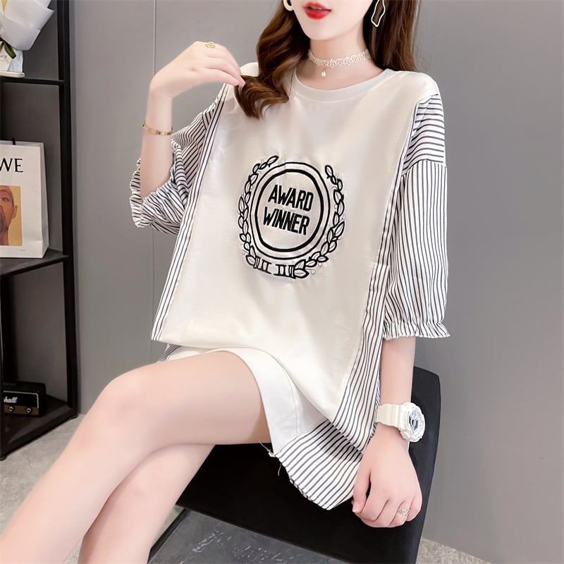 期間限定 ストライプ柄 新作 切り替え プリント 全3色 半袖Tシャツ カットソー ＜F-8685＞