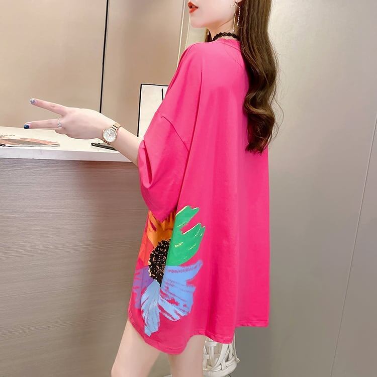 おすすめ   花柄 三色 ゆったり ロング 半袖 ＜F-2946＞