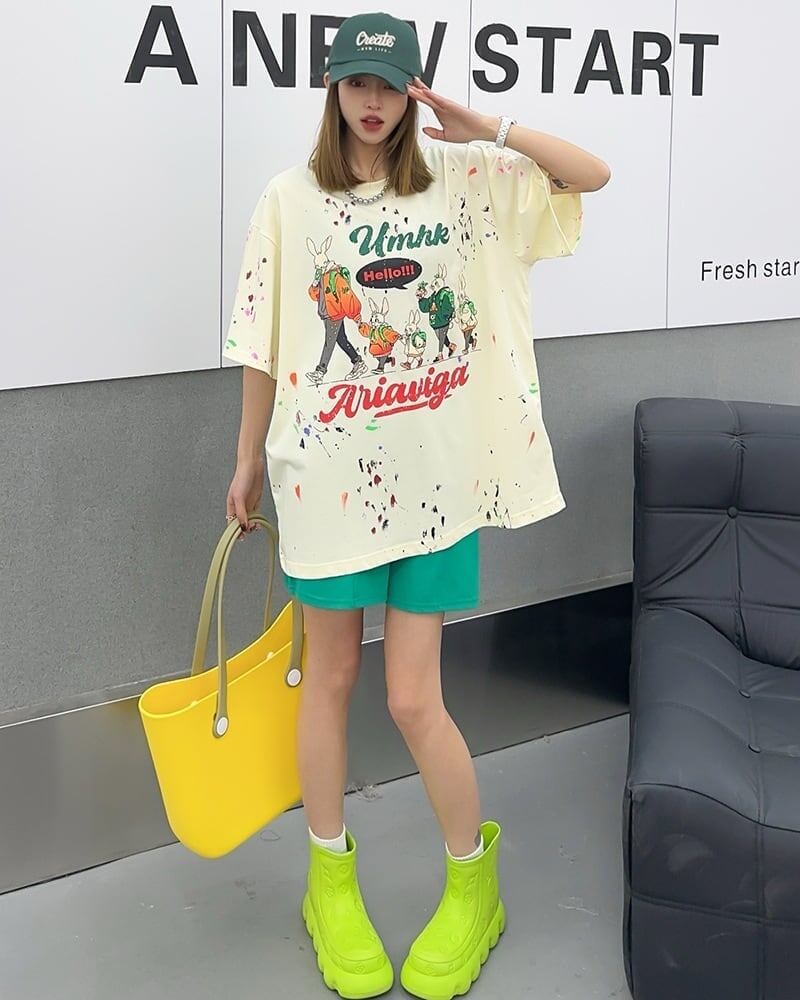 早い者勝ち   ファッション 落書き風 プリント半袖Tシャツ 全3色<F-4913>