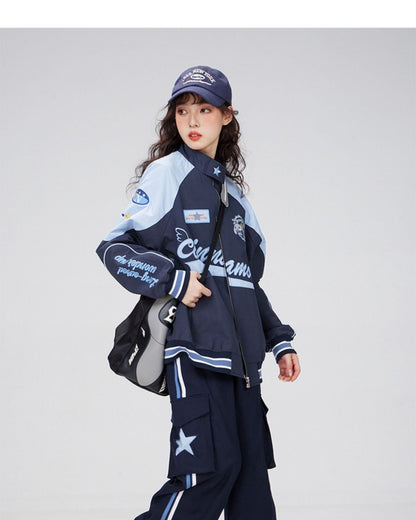 着?せ 配色ジャケット 英字ロゴ 男女兼用 コート <F-4795>