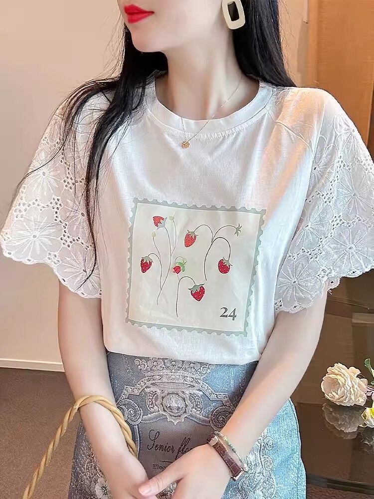 大好評 レース 上質 刺繍 切り替え 全2色 半袖Tシャツ＜F-8869＞
