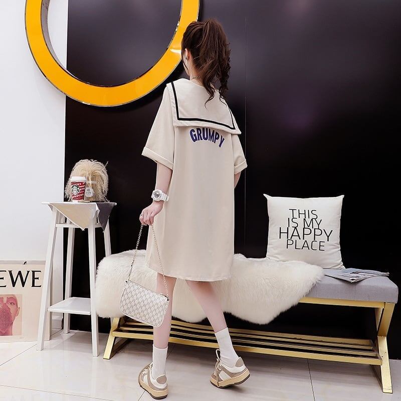 【半額！期間限定！！】絶対欲しい   セーラー襟 ロング Tシャツ ゆったりワンピース ＜F-4020＞
