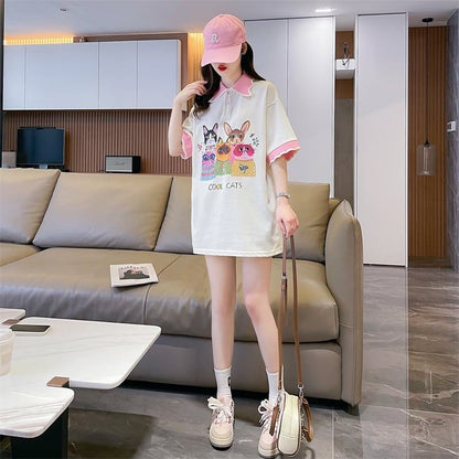 デザインセンスゆったりプリントトップラペルTシャツポロシャツ<F-2898>