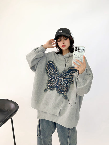 都市ファッショ デザイン オシャレ おしゃれ度高め 刺繍 ホットダイヤモンド カジュアル 3色選択 パーカーF-9290