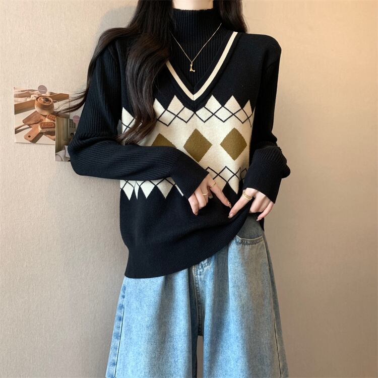 人気上昇中 レイヤード風 おしゃれ度高め 全2色 ニットトップスF-9583