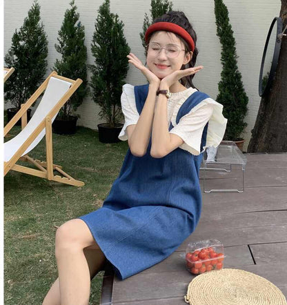 美人度アップ デニム 大人可愛い 全2色 半袖Tシャツ+サスペンダースカート セットF-8782