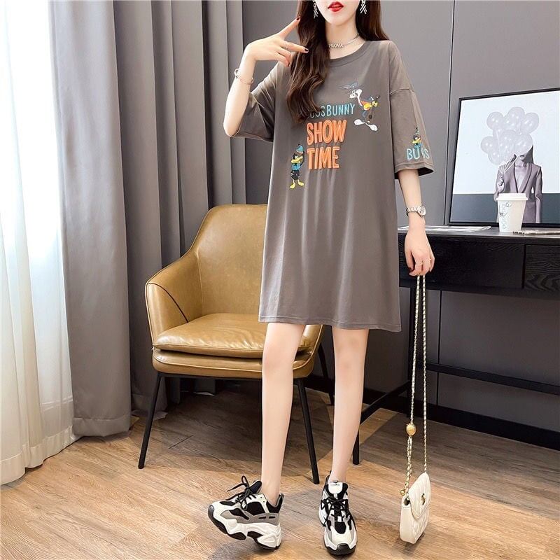 着?せ プリント アルファベット ロングTシャツ 四色 ゆったりワンピース ＜F-4018＞