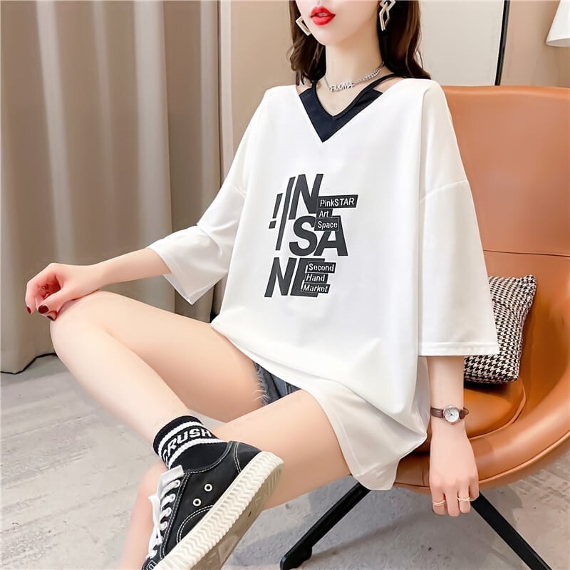 売れ筋 アルファベット Vネック フェイクレイヤード ゆったり 着?せ 半袖 Tシャツ ＜F-2005＞