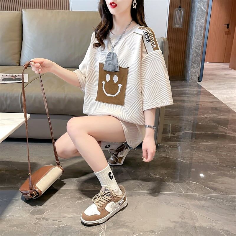 エレガントな立体ジャガードルーズウールパッチステッチ半袖Tシャツ<F-2901>
