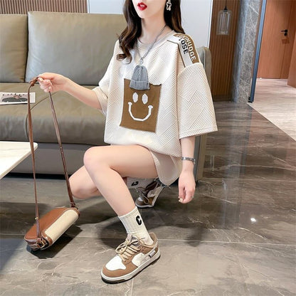 エレガントな立体ジャガードルーズウールパッチステッチ半袖Tシャツ<F-2901>