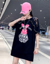 レースステッチアイスシルクニットルーズラビットプリント半袖Tシャツ<F-5038>