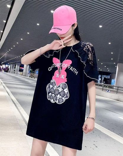 レースステッチアイスシルクニットルーズラビットプリント半袖Tシャツ<F-5038>
