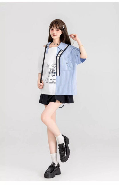 話題沸騰中 キュートストライプ柄 ファッション 切り替え 半袖Tシャツ＜F-8695＞