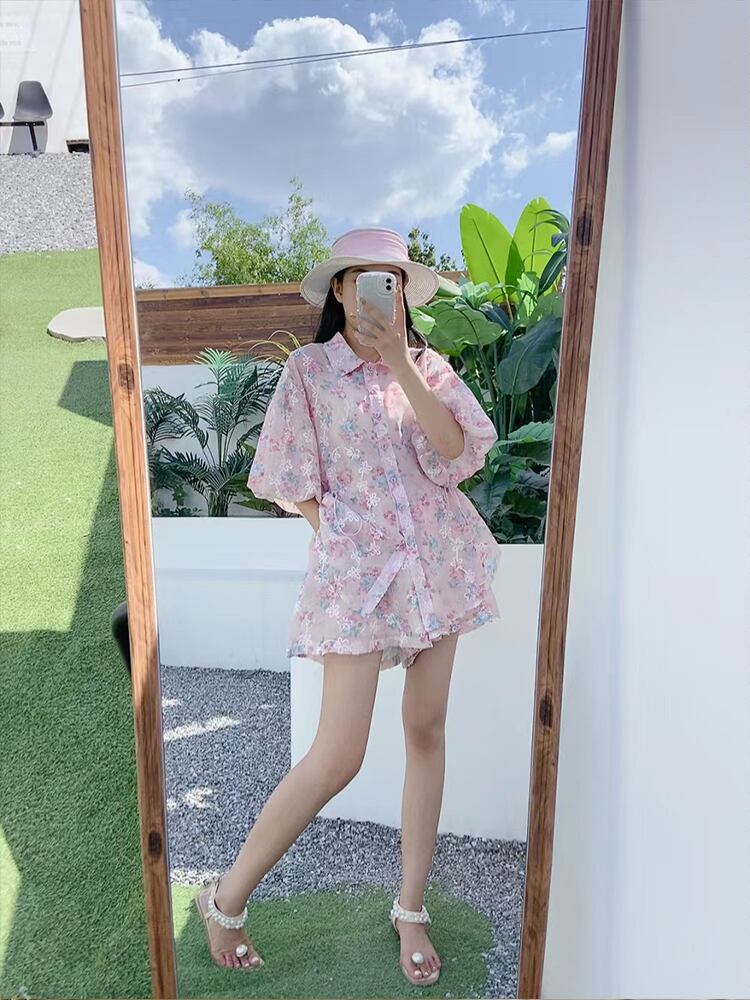 新商品 花柄 大人可愛い シャツ＋ショートパンツ セットアップ＜F-9001＞