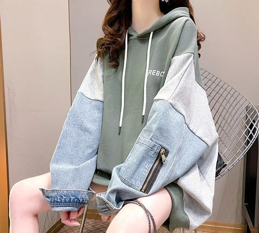 特別デザイン韓国系ゆったり切り替えデニムフード付きスウェット＜F-1592＞