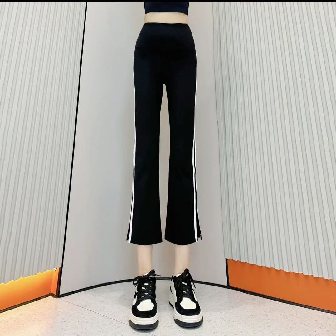 サイドストライプシャークパンツ   ストレートレッグスリット8分パンツ<F-5102>