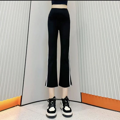 サイドストライプシャークパンツ   ストレートレッグスリット8分パンツ<F-5102>