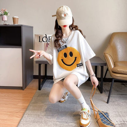 質感のいい ニコちゃん刺繍 スマイル ロング Tシャツ ゆったり半袖 ＜F-2947＞