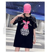 レースステッチアイスシルクニットルーズラビットプリント半袖Tシャツ<F-5038>