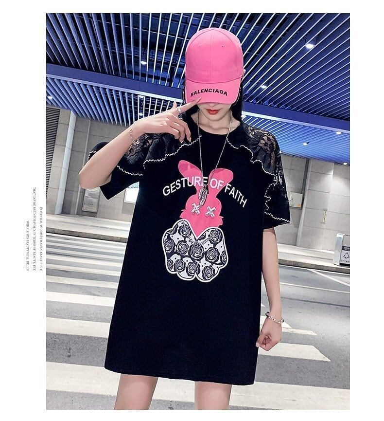 レースステッチアイスシルクニットルーズラビットプリント半袖Tシャツ<F-5038>