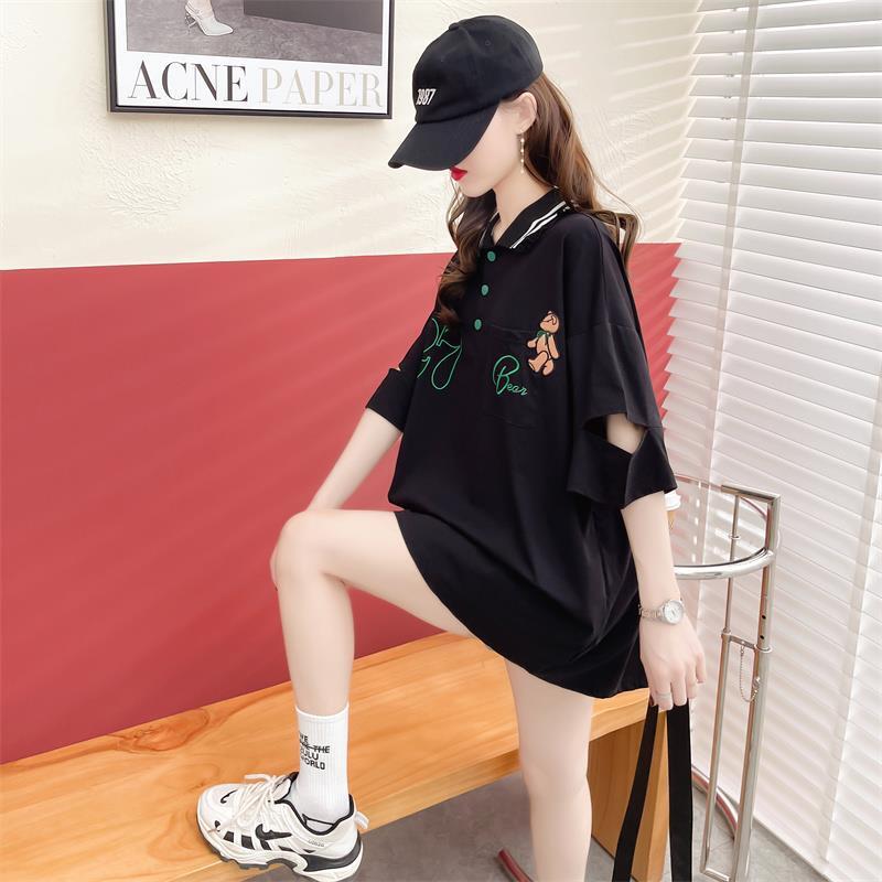 POLOネック   ベアー ロング Tシャツ 三色 ゆったりワンピース＜F-3991＞
