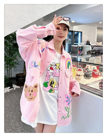 売り切れ必至 韓国風ファッション 上質 アバンギャルド プリント デニム Tシャツ ＜F-9479＞