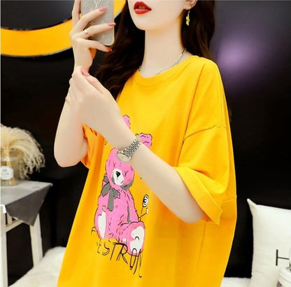 背中開きルーズオールマッチミドル丈ラウンドネック半袖Tシャツ<F-3027>