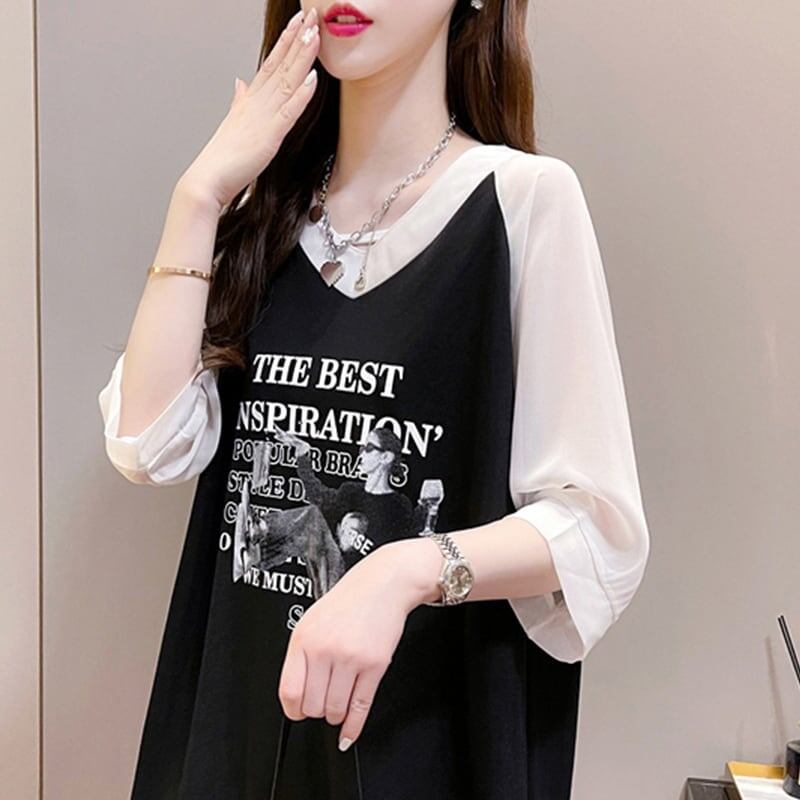 好感度満載 切り替え 美感いっぱい プリント Tシャツ カットソー＜F-3479＞