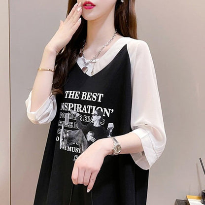 好感度満載 切り替え 美感いっぱい プリント Tシャツ カットソー＜F-3479＞