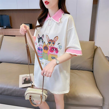 デザインセンスゆったりプリントトップラペルTシャツポロシャツ<F-2898>