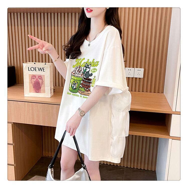 着回し力抜群 切り替え プリント ロング Tシャツ ゆったり半袖 Tシャツ ＜F-8498＞