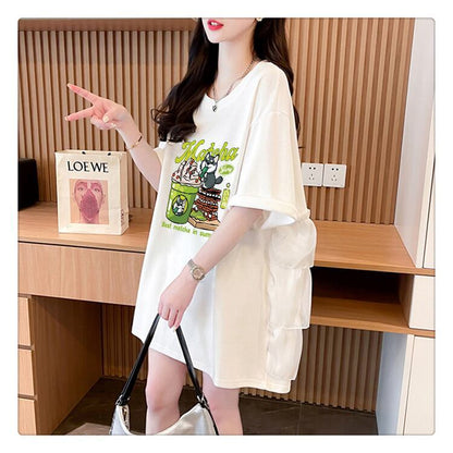 着回し力抜群 切り替え プリント ロング Tシャツ ゆったり半袖 Tシャツ ＜F-8498＞