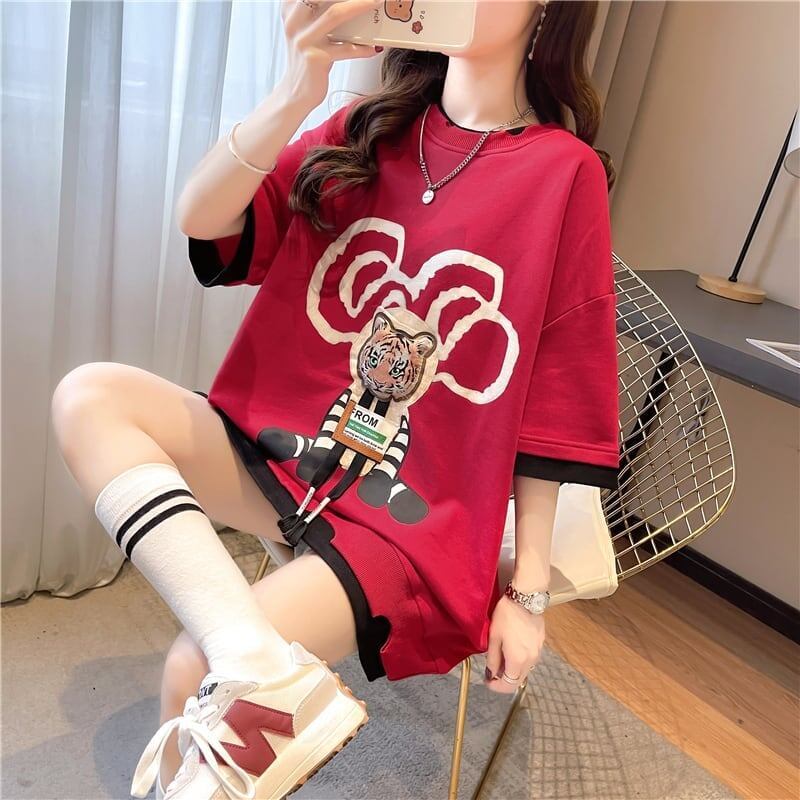 気質ルーズ漫画プリントミッドレングス半袖Tシャツ<F-3026>