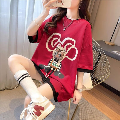 気質ルーズ漫画プリントミッドレングス半袖Tシャツ<F-3026>