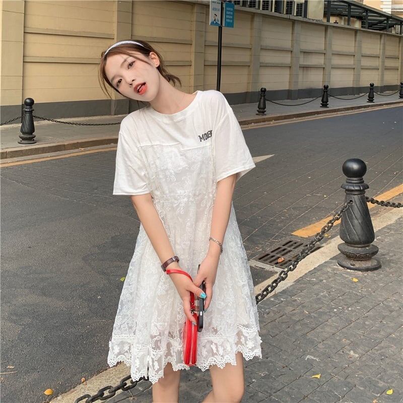 売れ筋   レース 膝丈 半袖 Tシャツワンピース ＜F-1953＞