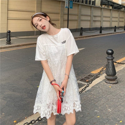 売れ筋   レース 膝丈 半袖 Tシャツワンピース ＜F-1953＞